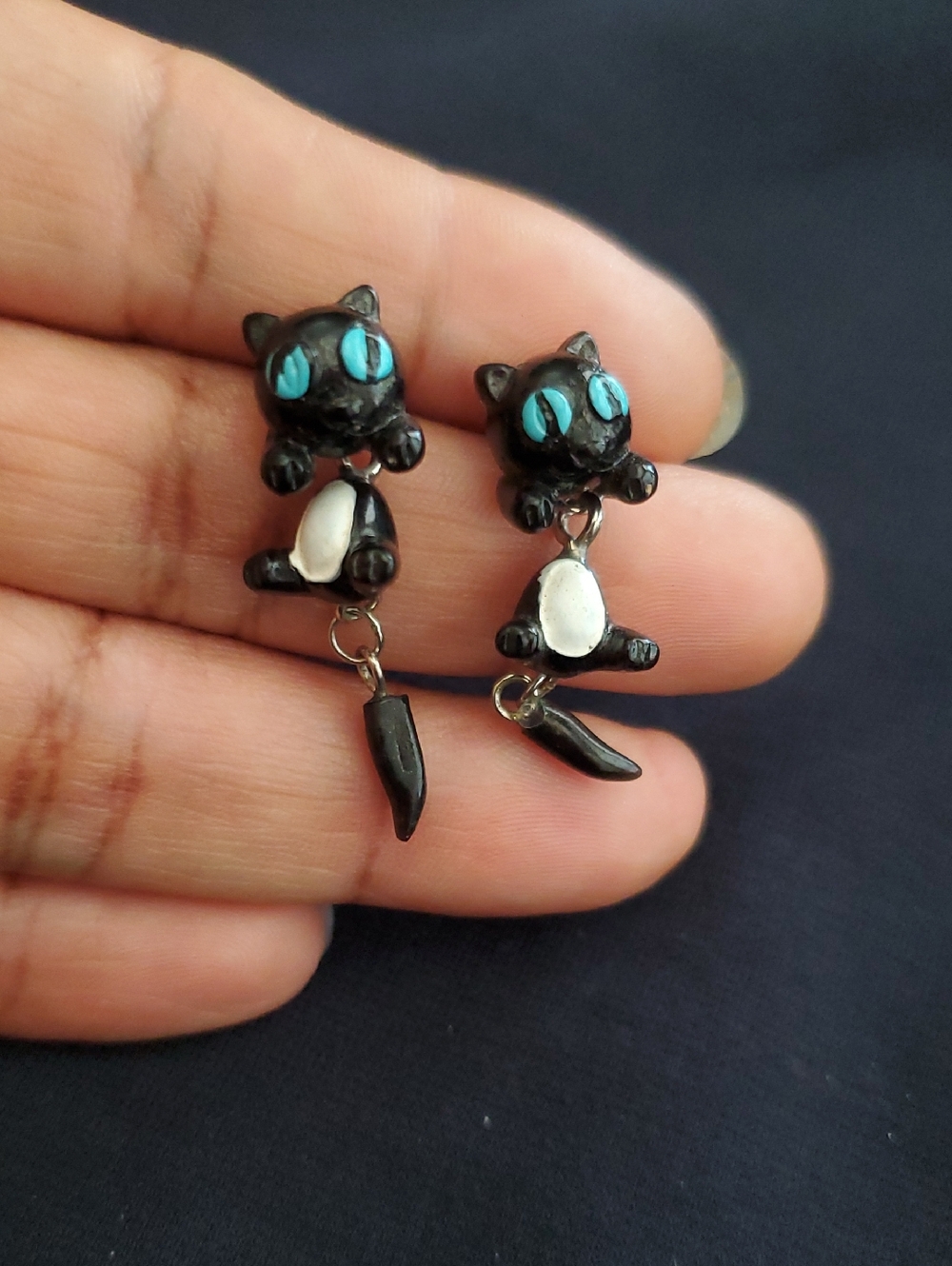 Black Cat Dangle Earrings with Blue Eyes - Cute Cat Jewelry